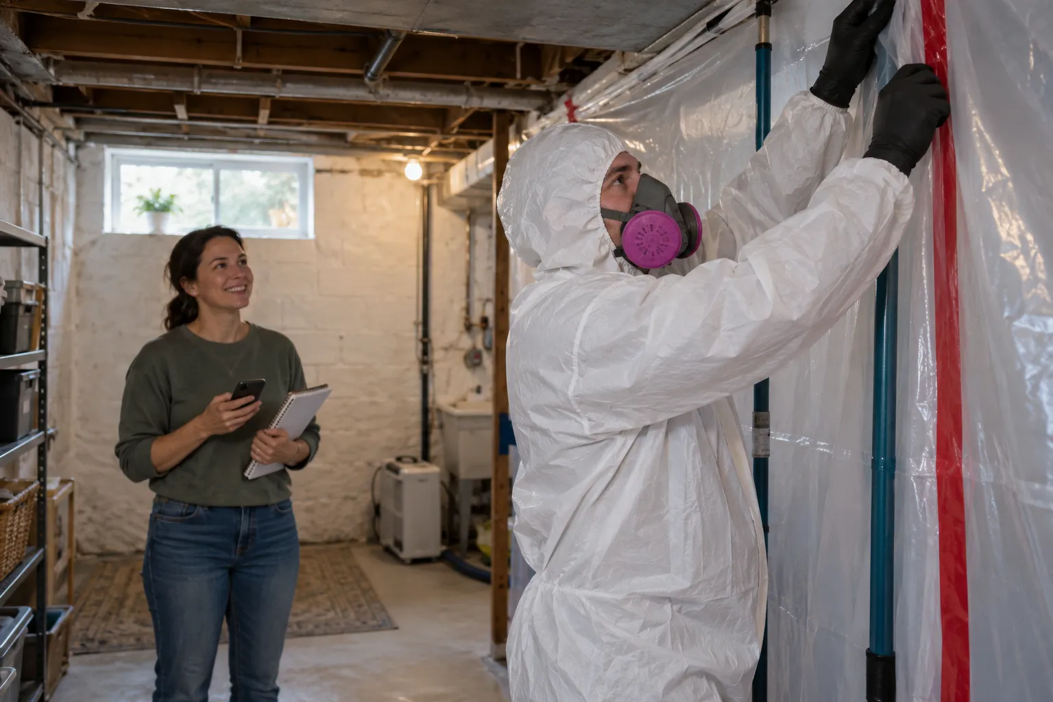 A local provider in protective gear inspecting a basement wall for black mold in a home in the Atlanta area