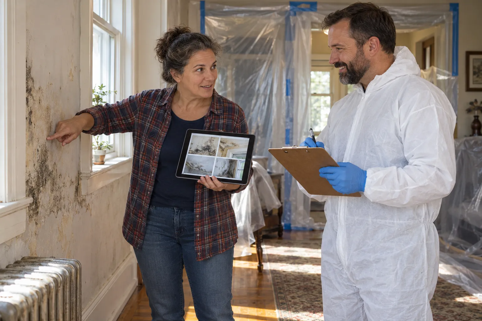 Homeowner showing a provider a damp wall in a Atlanta home during a mold remediation visit